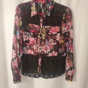 Bongo Woman's Sheer Black Floral Top Patchwork Sz S Casual Colorful Long Sleeve